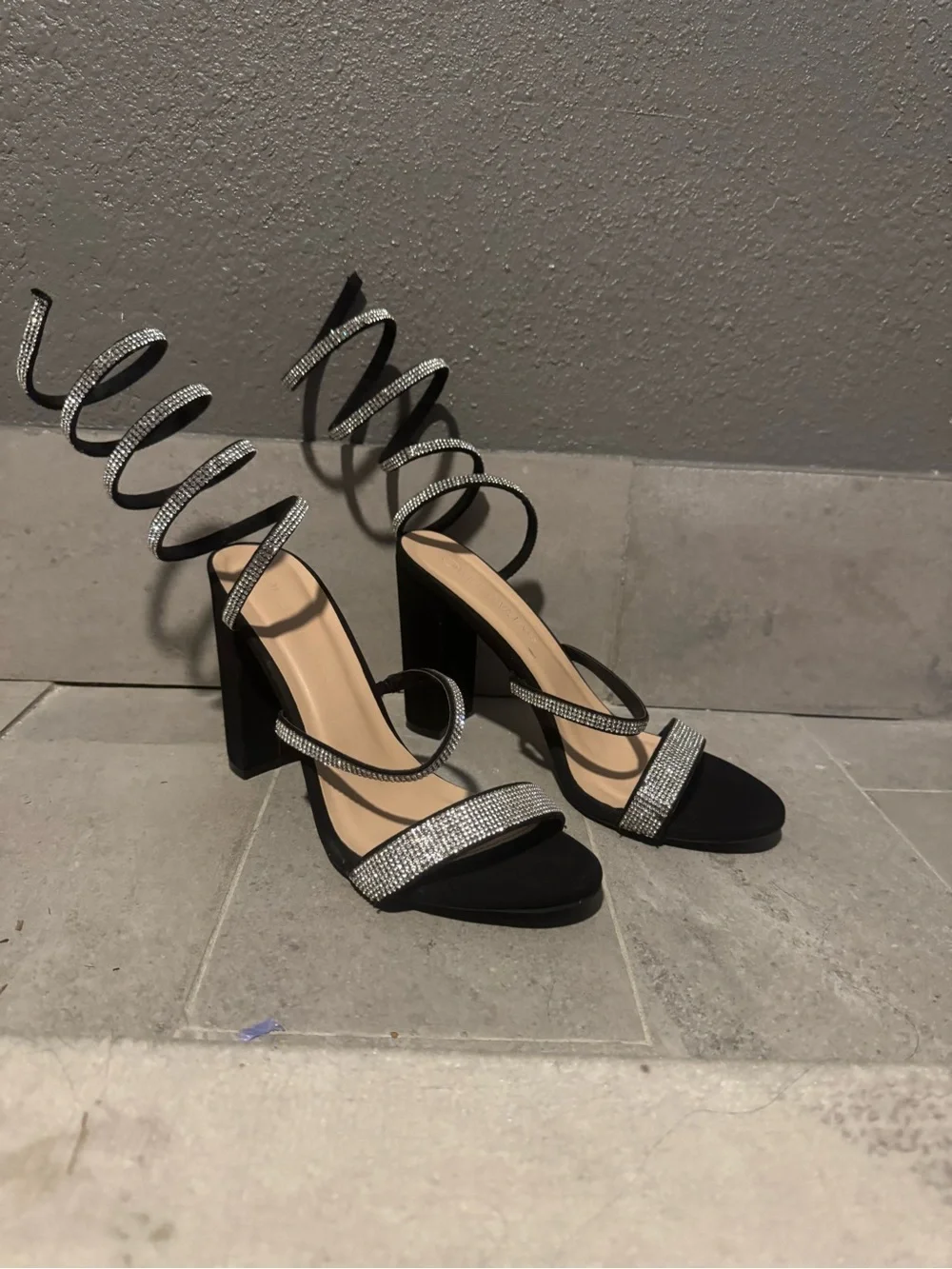 Black Strappy Block Heel Sandals with Rhinestone Ankle Wrap